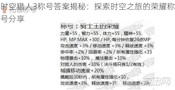 时空猎人3称号答案揭秘：探索时空之旅的荣耀称号分享