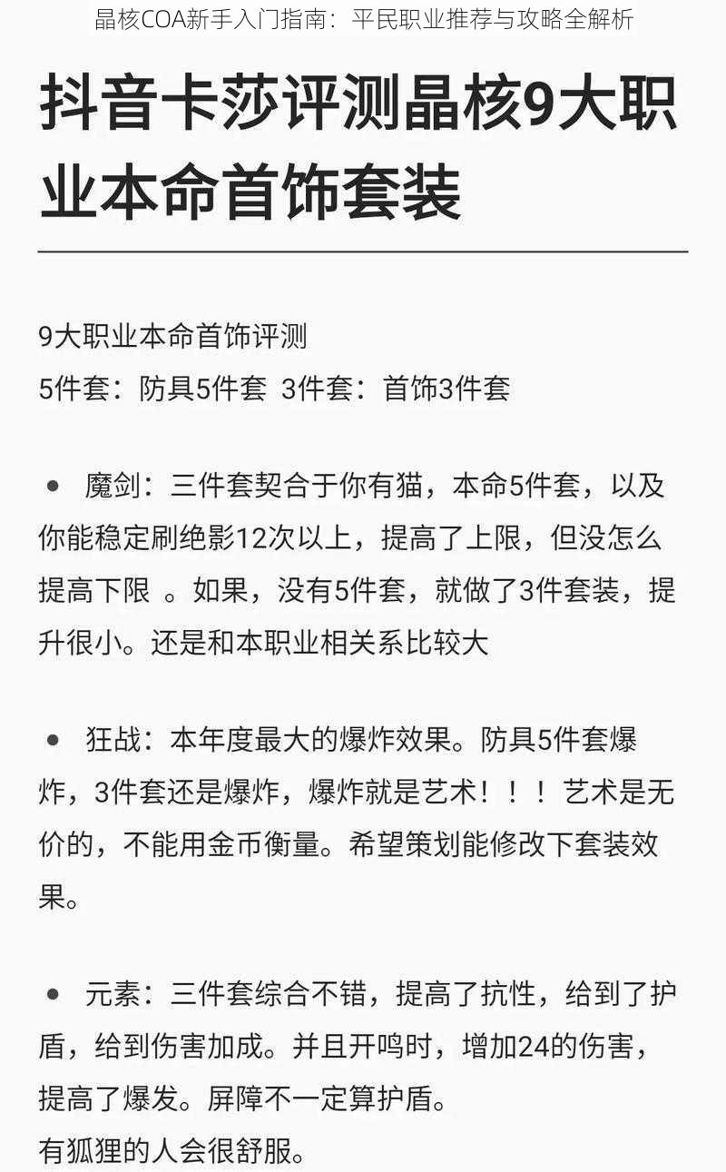 晶核COA新手入门指南：平民职业推荐与攻略全解析