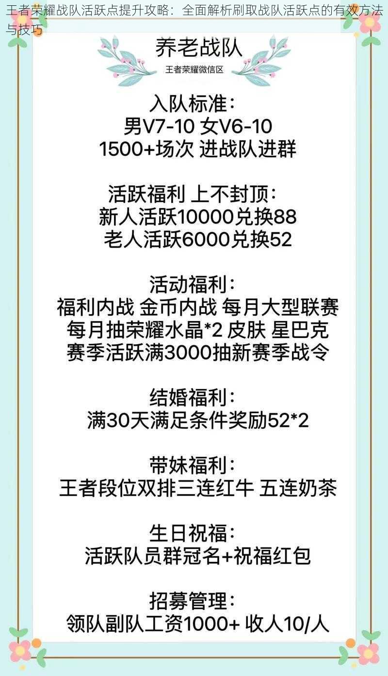 王者荣耀战队活跃点提升攻略：全面解析刷取战队活跃点的有效方法与技巧