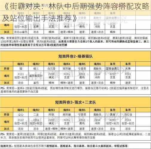 《街霸对决：林队中后期强势阵容搭配攻略及站位输出手法推荐》