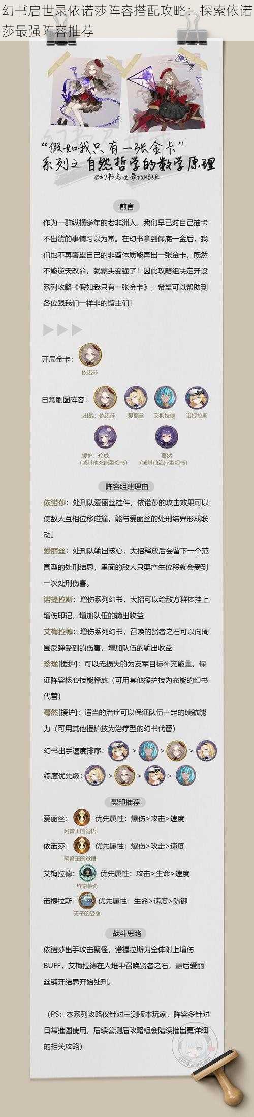 幻书启世录依诺莎阵容搭配攻略：探索依诺莎最强阵容推荐