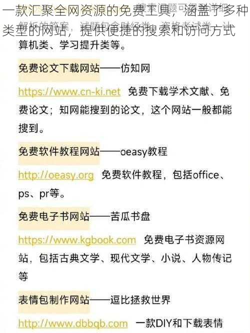 一款汇聚全网资源的免费工具，涵盖了多种类型的网站，提供便捷的搜索和访问方式