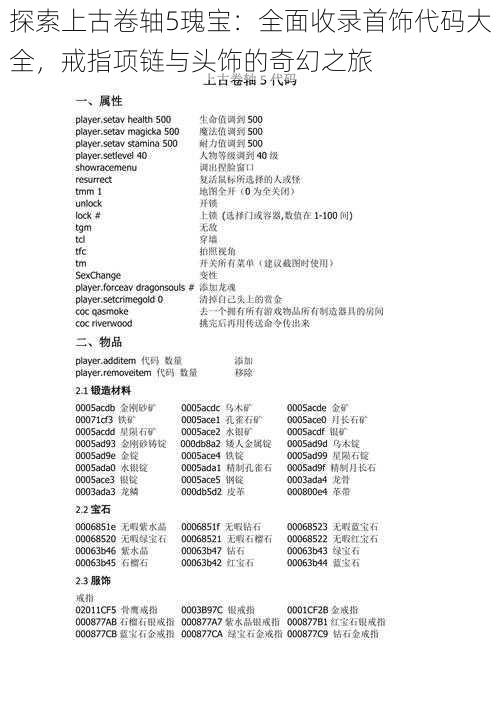 探索上古卷轴5瑰宝：全面收录首饰代码大全，戒指项链与头饰的奇幻之旅