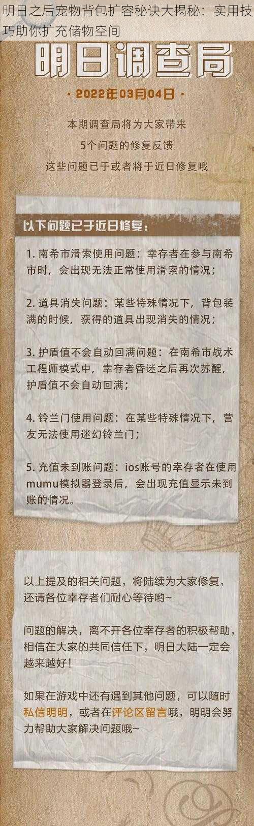 明日之后宠物背包扩容秘诀大揭秘：实用技巧助你扩充储物空间