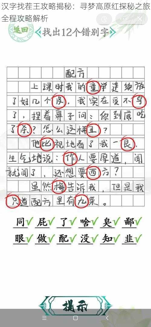 汉字找茬王攻略揭秘：寻梦高原红探秘之旅全程攻略解析