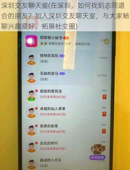 深圳交友聊天室(在深圳，如何找到志同道合的朋友？加入深圳交友聊天室，与大家畅聊兴趣爱好，拓展社交圈)